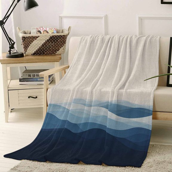 Throw Blanket Fleece Throw Blanket 40x50in, Gradient Blue Water Ripple on Linen Soft Lightweight Bed Blankets Retro Ocean Wave Fuzzy Couch Blankets for All Season