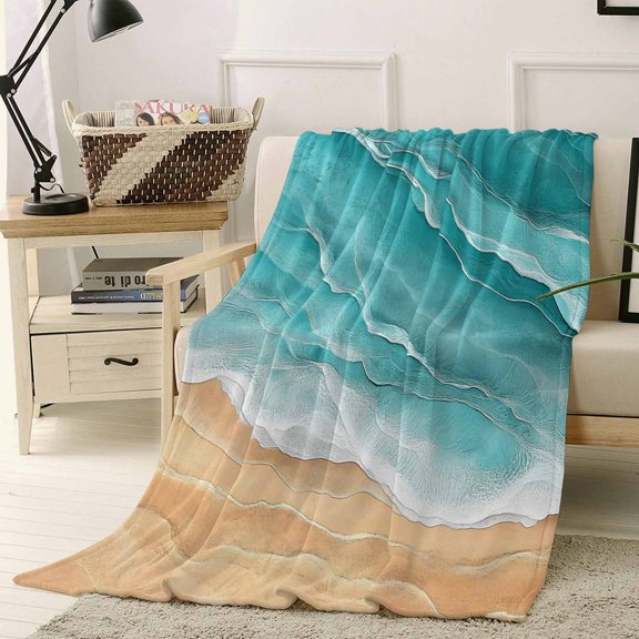 Throw Blanket Fleece Throw Blanket 40x50in, Gradient Turquoise Ocean Waves Soft Lightweight Bed Blankets Summer Beach Coastal Fuzzy Couch Blankets for All Season