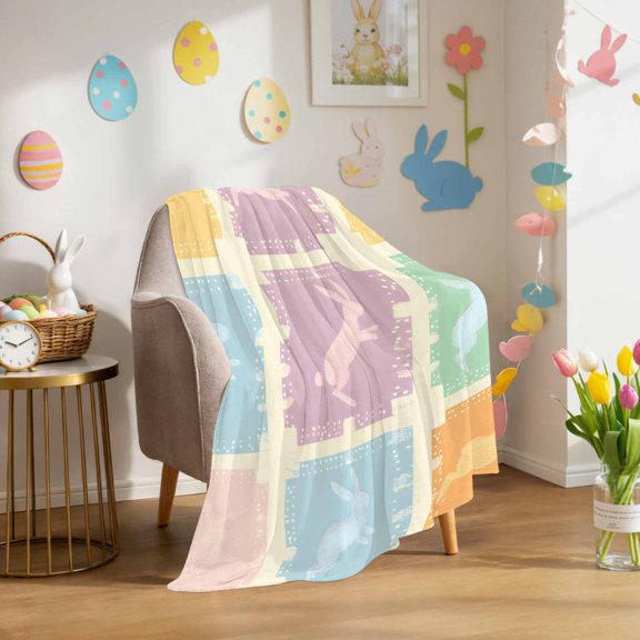 Throw Blanket Fleece Throw Blanket 40x50in, Happy Easter Cute Rabbit Silhouette Soft Lightweight Bed Blankets Bunny Colorful Checker Fuzzy Couch Blankets for All Season