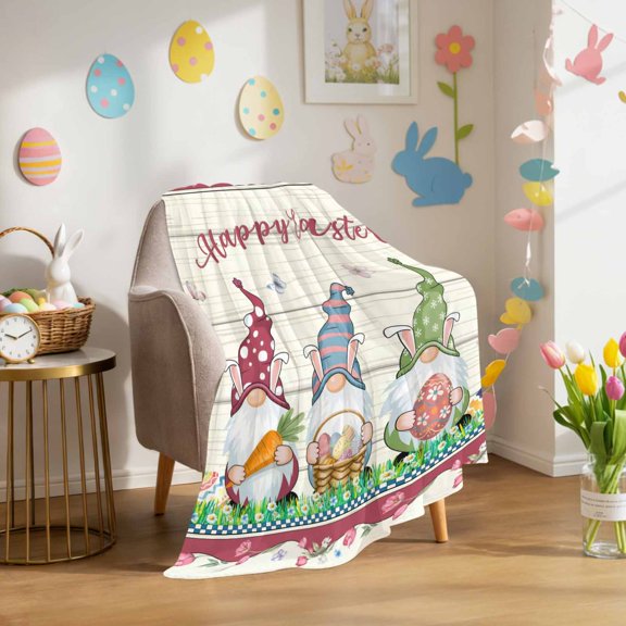 Throw Blanket Fleece Throw Blanket 40x50in, Happy Easter Gnomes with Eggs on Grass Soft Lightweight Bed Blankets Spring Floral on Wood Barn Fuzzy Couch Blankets for All Season