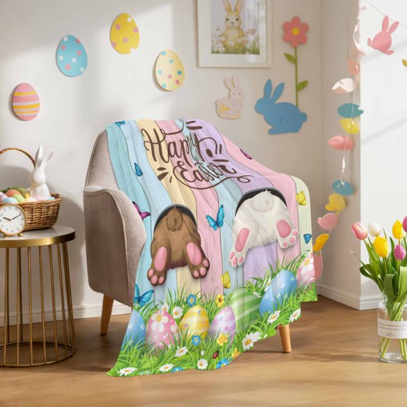 Throw Blanket Fleece Throw Blanket 40x50in, Happy Easter Rabbit Butt Egg on Daisy Leaf Soft Lightweight Bed Blankets Bufferfly on Wood Barn Fuzzy Couch Blankets for All Season