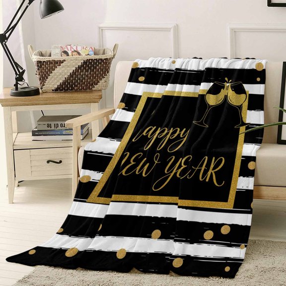 Throw Blanket Fleece Throw Blanket 40x50in, Happy New Year Words Soft Lightweight Bed Blankets Black White Striped Champagne Fuzzy Couch Blankets for All Season