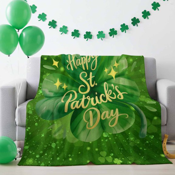 Throw Blanket Fleece Throw Blanket 40x50in, Happy St. Patrick's Day Green Clovers Leaves Soft Lightweight Bed Blankets Gold Text on Irish Leaf Fuzzy Couch Blankets for All Season