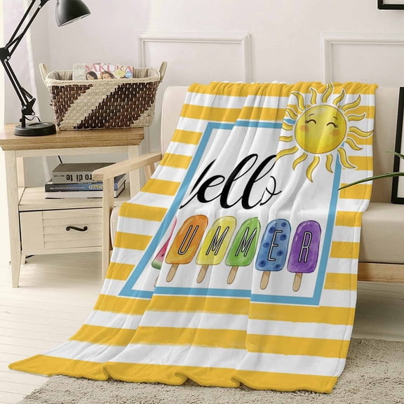 Throw Blanket Fleece Throw Blanket 40x50in, Hello Summer Sun Watermelon Purple Blue Soft Lightweight Bed Blankets Yellow Stripes Fuzzy Couch Blankets for All Season