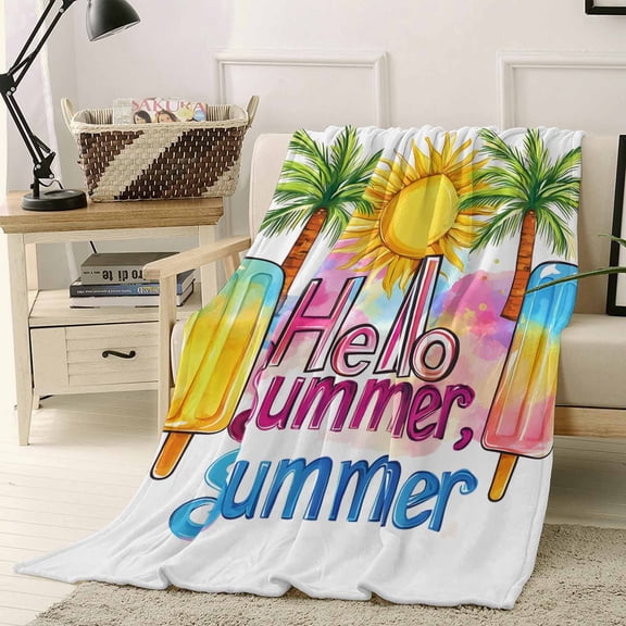 Throw Blanket Fleece Throw Blanket 40x50in, Hello Summer Text Sun Palm Tree Soft Lightweight Bed Blankets Colorful Ocean Seaside Theme Fuzzy Couch Blankets for All Season