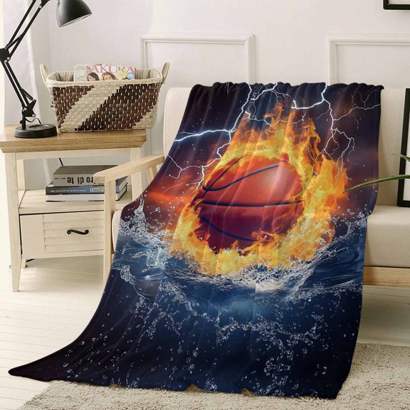 Throw Blanket Fleece Throw Blanket 40x50in, Ice Fire Basketball Sport Soft Lightweight Bed Blankets Lightning Water Ripple Abstract Art Fuzzy Couch Blankets for All Season