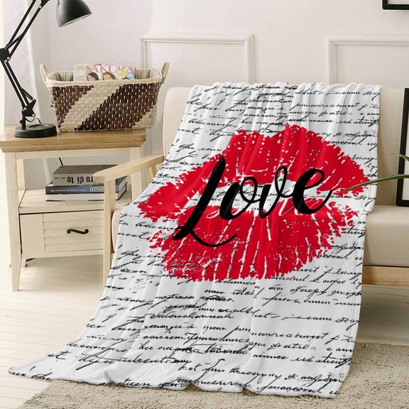Throw Blanket Fleece Throw Blanket 40x50in, Kiss Red Lip Print Love Word Soft Lightweight Bed Blankets Retro Letter White Black Fuzzy Couch Blankets for All Season