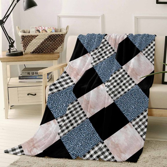 Throw Blanket Fleece Throw Blanket 40x50in, Leopard Patchwork Quilt Buffalo Plaid Soft Lightweight Bed Blankets Geometric Squares Fuzzy Couch Blankets for All Season