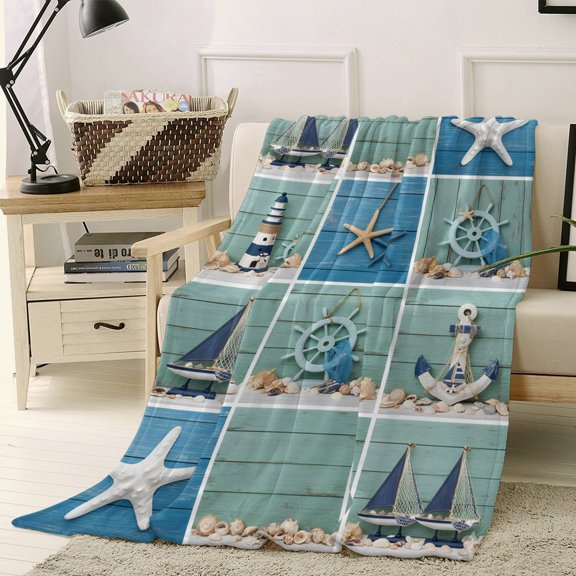 Throw Blanket Fleece Throw Blanket 40x50in, Lighthouse Compass Shell Starfish Sailboat Soft Lightweight Bed Blankets Summer Nautical Theme Fuzzy Couch Blankets for All Season