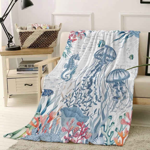 Throw Blanket Fleece Throw Blanket 40x50in, Marine Life Walrus Seahorse Soft Lightweight Bed Blankets Watercolor Corals Fuzzy Couch Blankets for All Season