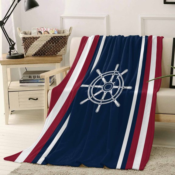 Throw Blanket Fleece Throw Blanket 40x50in, Medieval Nautical Ship Wheel Soft Lightweight Bed Blankets Vintage Red White Striped Fuzzy Couch Blankets for All Season