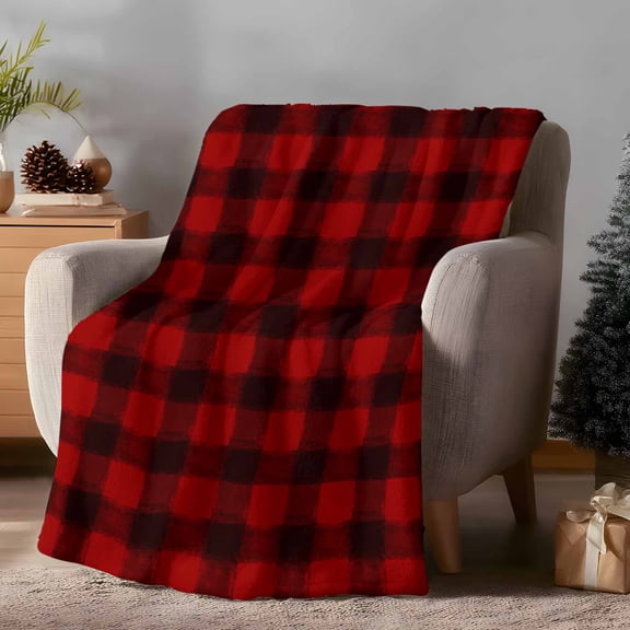 Throw Blanket Fleece Throw Blanket 40x50in, Merry Christmas Red Black Buffalo Gingham Plaid Soft Lightweight Bed Blankets Watercolor Checker Fuzzy Couch Blankets for All Season