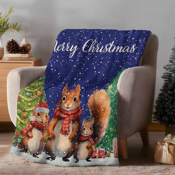 Throw Blanket Fleece Throw Blanket 40x50in, Merry Christmas Squirrel Xmas Tree Soft Lightweight Bed Blankets Winter Snowflakes Dark Blue Fuzzy Couch Blankets for All Season