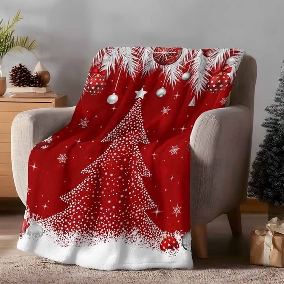 Throw Blanket Fleece Throw Blanket 40x50in, Merry Christmas Tree Ball Fir Leaf on Red Soft Lightweight Bed Blankets Stars Snowflake Seamless Fuzzy Couch Blankets for All Season
