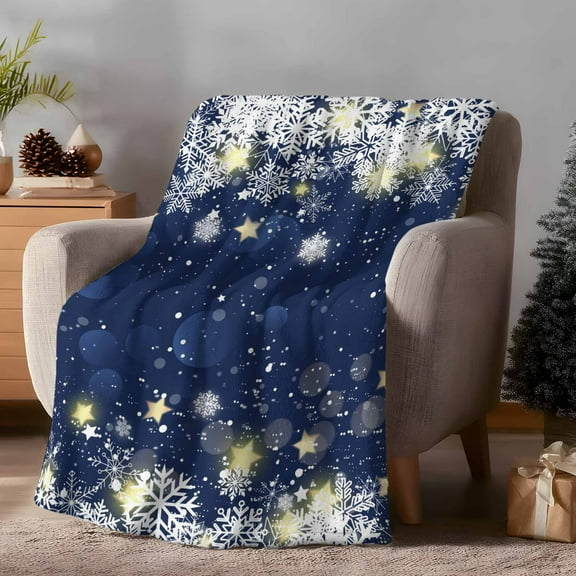 Throw Blanket Fleece Throw Blanket 40x50in, Merry Christmas Winter Snowflake Soft Lightweight Bed Blankets Yellow Star Navy Blue Ombre Fuzzy Couch Blankets for All Season