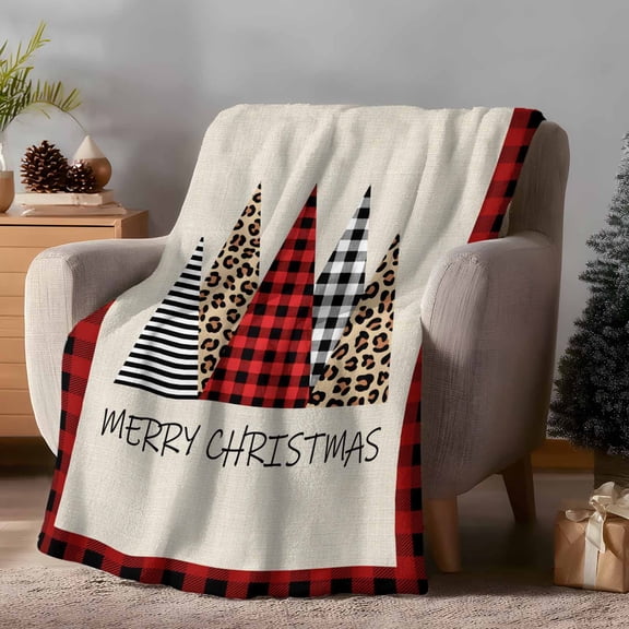 Throw Blanket Fleece Throw Blanket 40x50in, Merry Christmas Words on Linen Soft Lightweight Bed Blankets Leopard Plaid Xmas Tree Fuzzy Couch Blankets for All Season
