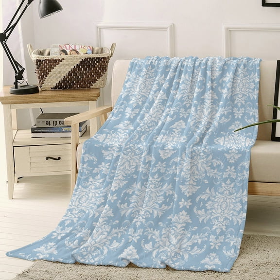 Throw Blanket Fleece Throw Blanket 40x50in, Mid Century Turkish Pattern on Blue Soft Lightweight Bed Blankets Abstract Retro Style Fuzzy Couch Blankets for All Season