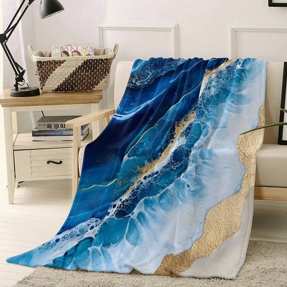 Throw Blanket Fleece Throw Blanket 40x50in, Modern Abstract Beach Sand Wave Soft Lightweight Bed Blankets Gold Blue Marble Texture Fuzzy Couch Blankets for All Season