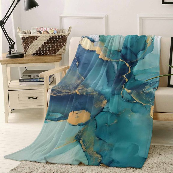 Throw Blanket Fleece Throw Blanket 40x50in, Modern Turquoise Marble Texture Soft Lightweight Bed Blankets Abstract Gold Stripe Fuzzy Couch Blankets for All Season