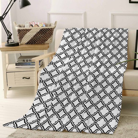 Throw Blanket Fleece Throw Blanket 40x50in, Moroccan Black White Classic Lattice Soft Lightweight Bed Blankets Abstract Plaid Texture Fuzzy Couch Blankets for All Season