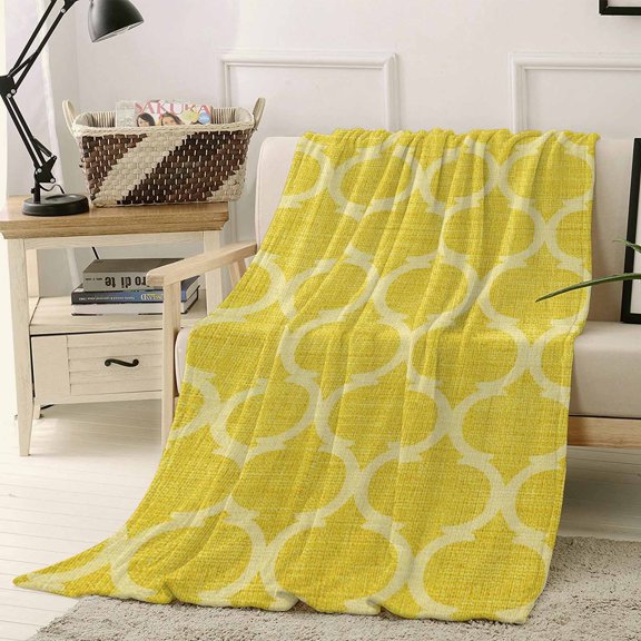 Throw Blanket Fleece Throw Blanket 40x50in, Moroccan Geometric Pattern Soft Lightweight Bed Blankets Yellow Linen Texture Fuzzy Couch Blankets for All Season