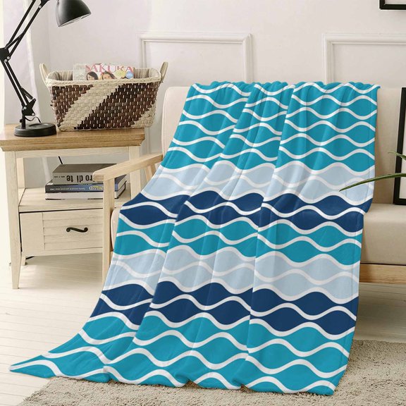 Throw Blanket Fleece Throw Blanket 40x50in, Moroccan Wave Stripe Teal Blue Soft Lightweight Bed Blankets Abstract Ocean Waves Fuzzy Couch Blankets for All Season