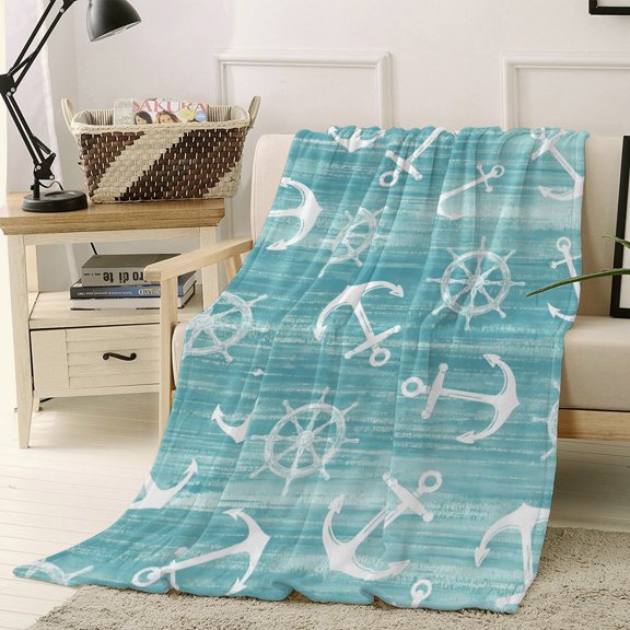 Throw Blanket Fleece Throw Blanket 40x50in, Nautical Anchor Ombre Green Soft Lightweight Bed Blankets Summer Ocean Abstract Fuzzy Couch Blankets for All Season