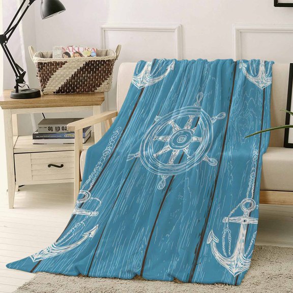 Throw Blanket Fleece Throw Blanket 40x50in, Nautical Anchor Soft Lightweight Bed Blankets Ship Wheel, Blue Wood Striped Pattern Fuzzy Couch Blankets for All Season