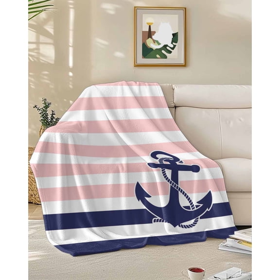 Throw Blanket Fleece Throw Blanket 40x50in, Nautical Navy Blue Anchor Stripe Soft Lightweight Bed Blankets Watercolor Pink Stripes Fuzzy Couch Blankets for All Season