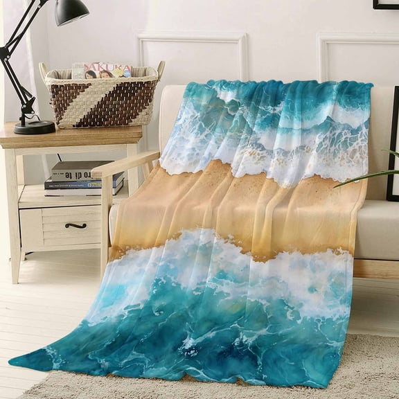 Throw Blanket Fleece Throw Blanket 40x50in, Nautical Ocean Sea Wave Soft Lightweight Bed Blankets Watercolor Summer Beach Theme Fuzzy Couch Blankets for All Season