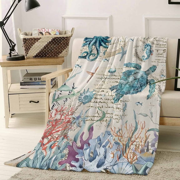 Throw Blanket Fleece Throw Blanket 40x50in, Nautical Sea Turtles Seaweed Soft Lightweight Bed Blankets Retro Ocean Octopus Starfish Fuzzy Couch Blankets for All Season
