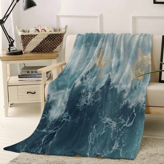 Throw Blanket Fleece Throw Blanket 40x50in, Navy Blue Light Ocean Waves Soft Lightweight Bed Blankets Abstract Turquoise Layers Fuzzy Couch Blankets for All Season