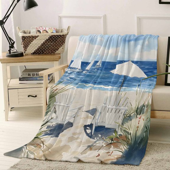 Throw Blanket Fleece Throw Blanket 40x50in, Ocean Beach Chair Sun Umbrella Soft Lightweight Bed Blankets Summer Vacation Sailboat Fuzzy Couch Blankets for All Season