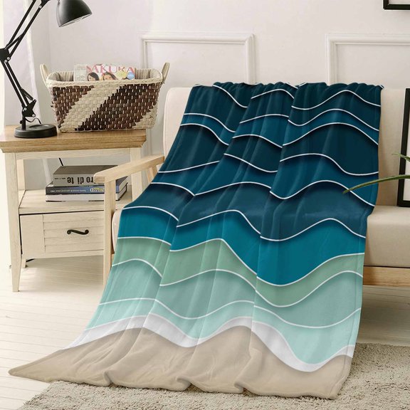 Throw Blanket Fleece Throw Blanket 40x50in, Ocean Gradient Green Waves Soft Lightweight Bed Blankets Abstract Geometric Ripple Fuzzy Couch Blankets for All Season