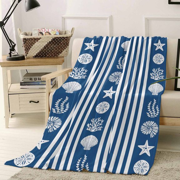 Throw Blanket Fleece Throw Blanket 40x50in, Oceans Shells Corals Soft Lightweight Bed Blankets Deep Blue Stripes Fuzzy Couch Blankets for All Season