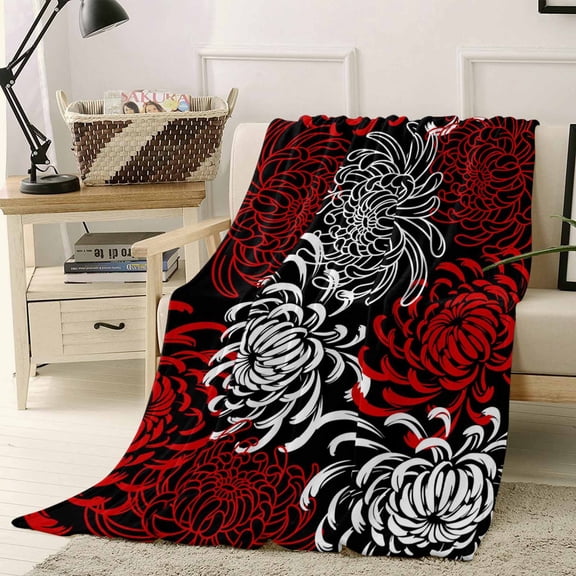 Throw Blanket Fleece Throw Blanket 40x50in, Pastoral Abstract Flower Soft Lightweight Bed Blankets Red Black White Floral Art Fuzzy Couch Blankets for All Season