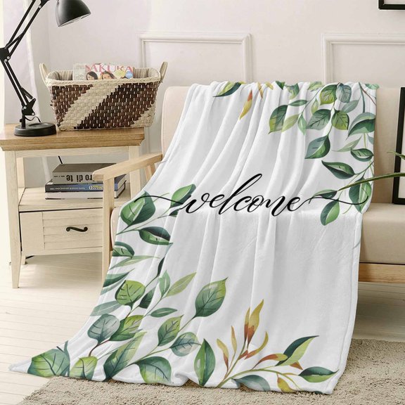 Throw Blanket Fleece Throw Blanket 40x50in, Pastoral Green Eucalyptus Leaves Soft Lightweight Bed Blankets Welcome Text Fuzzy Couch Blankets for All Season