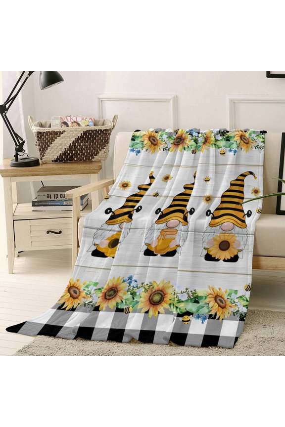 Throw Blanket Fleece Throw Blanket 40x50in, Pastoral Sunflower Dwarf Bee Soft Lightweight Bed Blankets Rustic Wood Board Checkered Fuzzy Couch Blankets for All Season