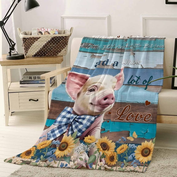 Throw Blanket Fleece Throw Blanket 40x50in, Pastoral Sunflower Farm Pig Soft Lightweight Bed Blankets Rustic Farmhouse Wood Board Fuzzy Couch Blankets for All Season