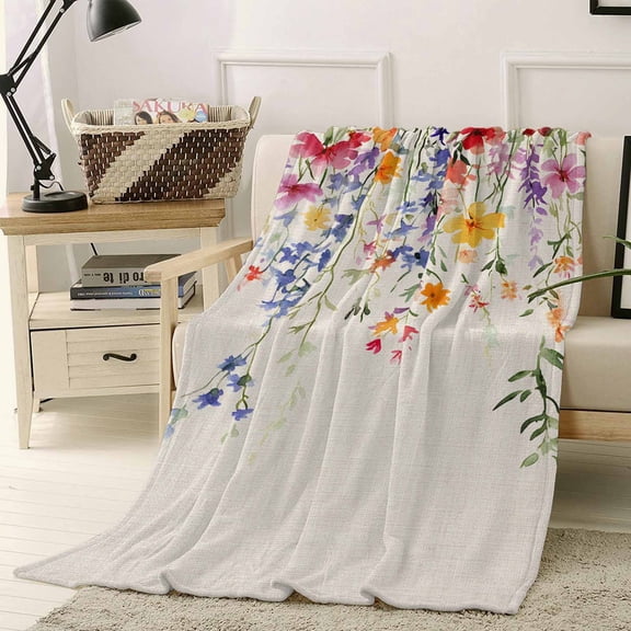 Throw Blanket Fleece Throw Blanket 40x50in, Pastoral Watercolor Flower Leaves Soft Lightweight Bed Blankets Hanging Floral on Burlap Fuzzy Couch Blankets for All Season