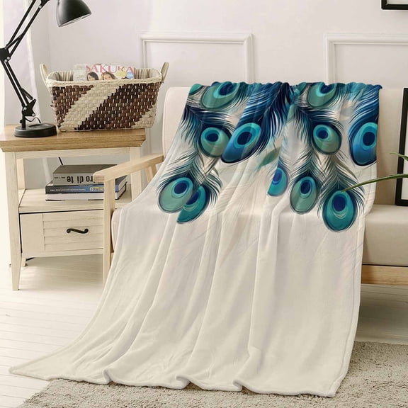 Throw Blanket Fleece Throw Blanket 40x50in, Peacock Feathers on Beige Soft Lightweight Bed Blankets Abstract Pattern Fuzzy Couch Blankets for All Season