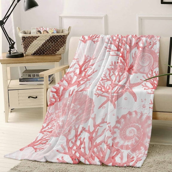 Throw Blanket Fleece Throw Blanket 40x50in, Pink Conch Coral Shell Starfish Soft Lightweight Bed Blankets Watercolor Marine Life Fuzzy Couch Blankets for All Season