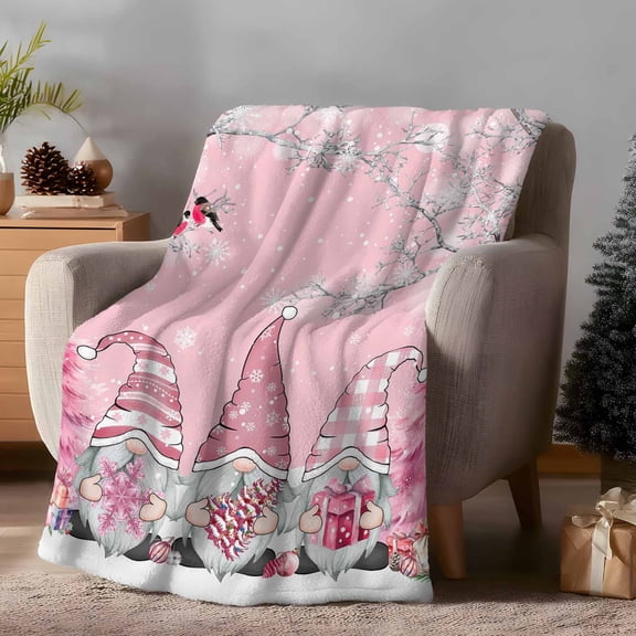 Throw Blanket Fleece Throw Blanket 40x50in, Pink Gnome Christmas Tree Snowflake Soft Lightweight Bed Blankets Winter Snow Branch Bird Fuzzy Couch Blankets for All Season