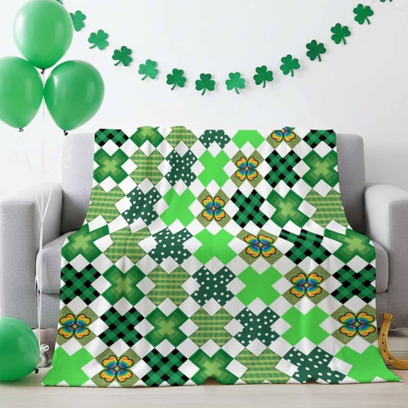 Throw Blanket Fleece Throw Blanket 40x50in, Rainbow Shamrock Check Polka Dot Soft Lightweight Bed Blankets St. Patrick's Day Green Theme Fuzzy Couch Blankets for All Season