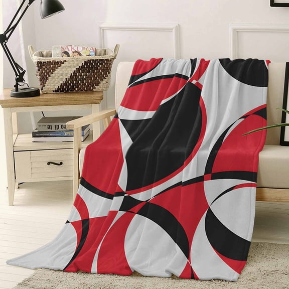 Throw Blanket Fleece Throw Blanket 40x50in, Red Black Gray Geometric Art Soft Lightweight Bed Blankets Modern Abstract Circle Stripes Fuzzy Couch Blankets for All Season