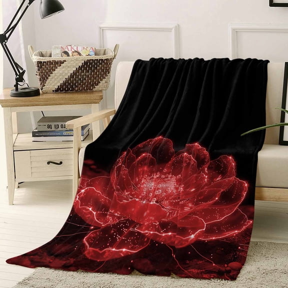 Throw Blanket Fleece Throw Blanket 40x50in, Red Flower Watercolor Gradient Soft Lightweight Bed Blankets Transparent Floral on Black Fuzzy Couch Blankets for All Season