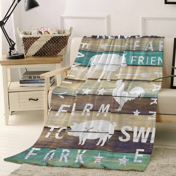 Throw Blanket Fleece Throw Blanket 40x50in, Retro Blue Brown Wooden Plank Soft Lightweight Bed Blankets Farm Chicken Cow Pig Fuzzy Couch Blankets for All Season