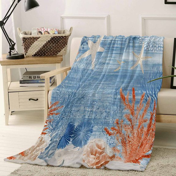 Throw Blanket Fleece Throw Blanket 40x50in, Retro Corals Sea Stars Shells Soft Lightweight Bed Blankets Summer Oceans Navy Blue Fuzzy Couch Blankets for All Season