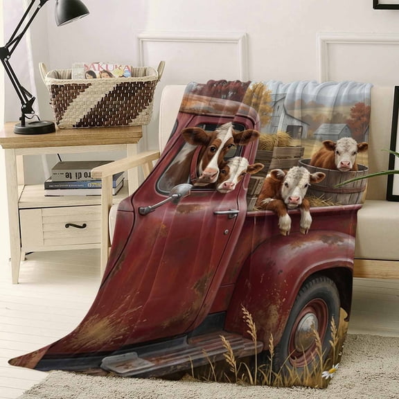 Throw Blanket Fleece Throw Blanket 40x50in, Retro Farm Cow Barn Truck Soft Lightweight Bed Blankets Pastoral Flower Straw Fuzzy Couch Blankets for All Season