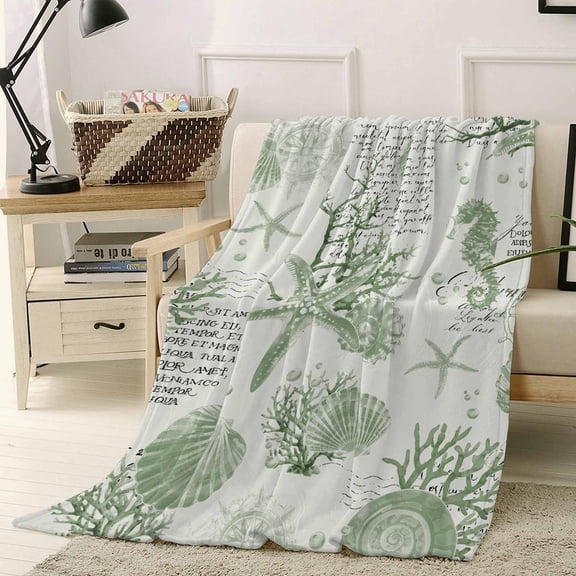 Throw Blanket Fleece Throw Blanket 40x50in, Retro Marine Life Soft Lightweight Bed Blankets Sage Green Starfish Shells Coral on Letter Fuzzy Couch Blankets for All Season
